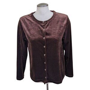 Route 66 Y2K Velour Velvet Button Up Top Shirt Size Medium Dark Chocolate Brown